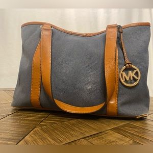 Michael Kors Navy Blue Canvas W/ Tan Leather Shoulder Straps -Large Tote Shopper